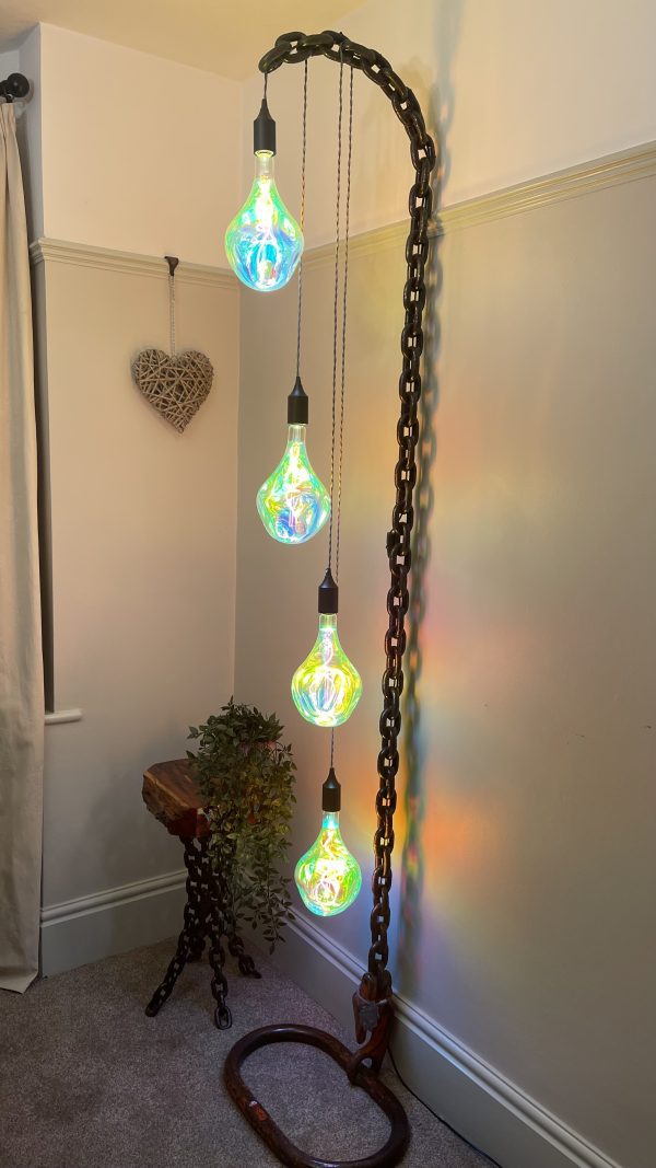 Large 4 bulb chain floor light with iridescent bulbs - Absolute Bulbs - Unique lighting from upcycled materials